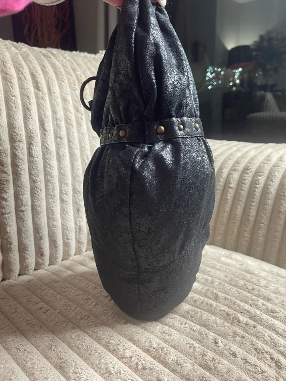 Vintage Gustto Black Leather Pleated Hobo Shoulder Bag Gold Studded Large